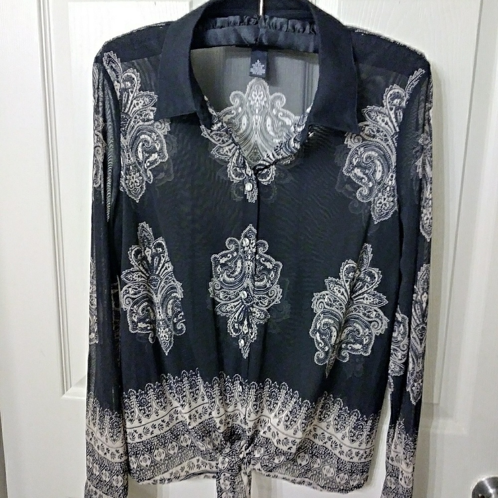 INC Damask Black Sheer Tie Front Top Large